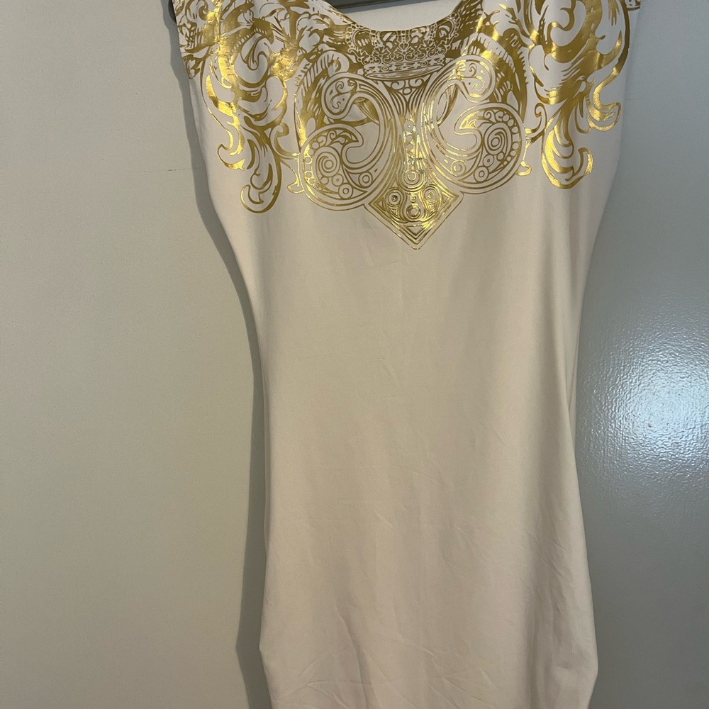 Dereon Embellished Cream and Tan Sleeveless Dress